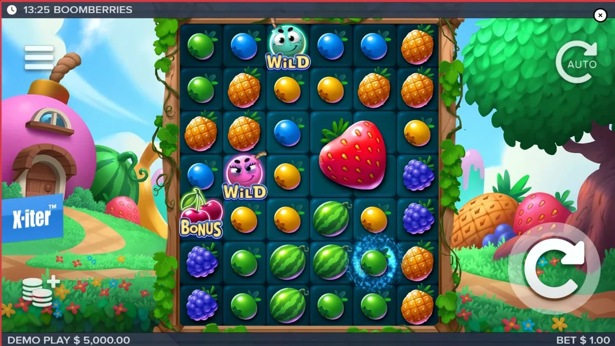 Interface colorida e vibrante do jogo Boomberries com frutas e elementos de fantasia