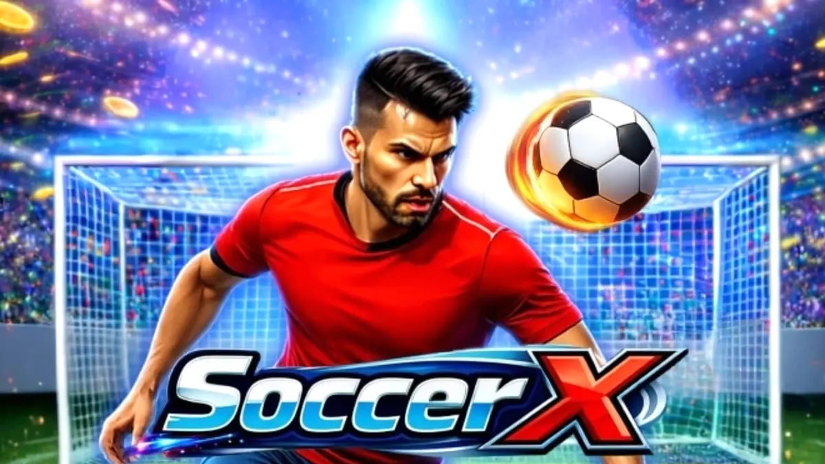 Interface do jogo SoccerX mostrando a disputa de pênaltis e o multiplicador