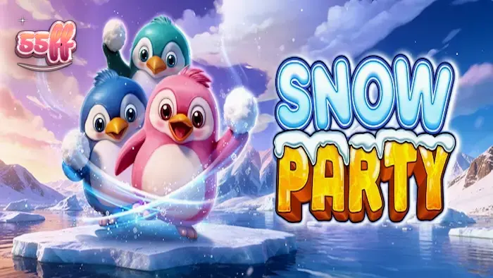 Personagens pinguins e criaturas marinhas em um cenário de festa congelada no slot Snow Party